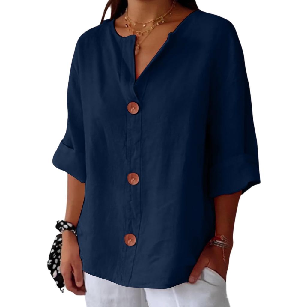 Women's Fashion Casual V-Neck Buttoned Seven Sleeve Cotton Linen Top
