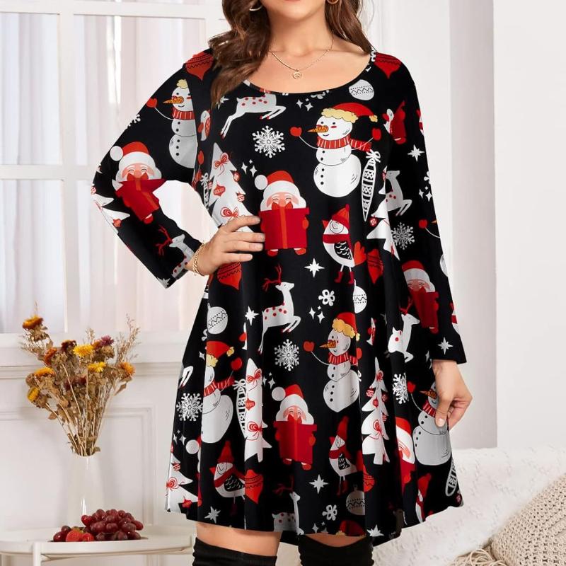 

QICED Жіночі модні різдвяні сукні міді з рукавами великих розмірів XXXXL чорний