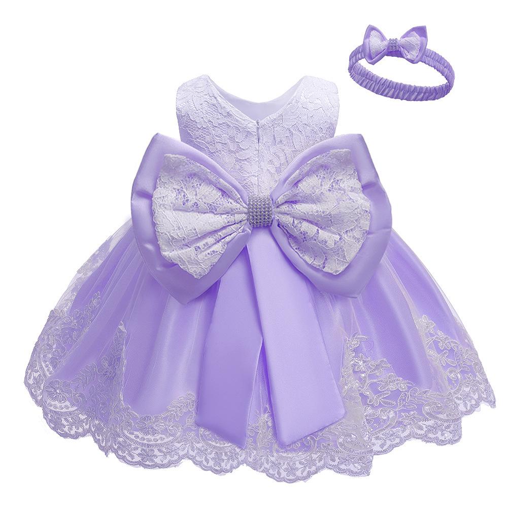 Children's Lace Color Block Birthday Bow Dress