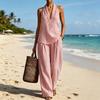 Women's Summer Striped Two Piece Set Sleeveless Halter Neck Top And Long Pants Matching Sets Casual Travel Vacation Outfits