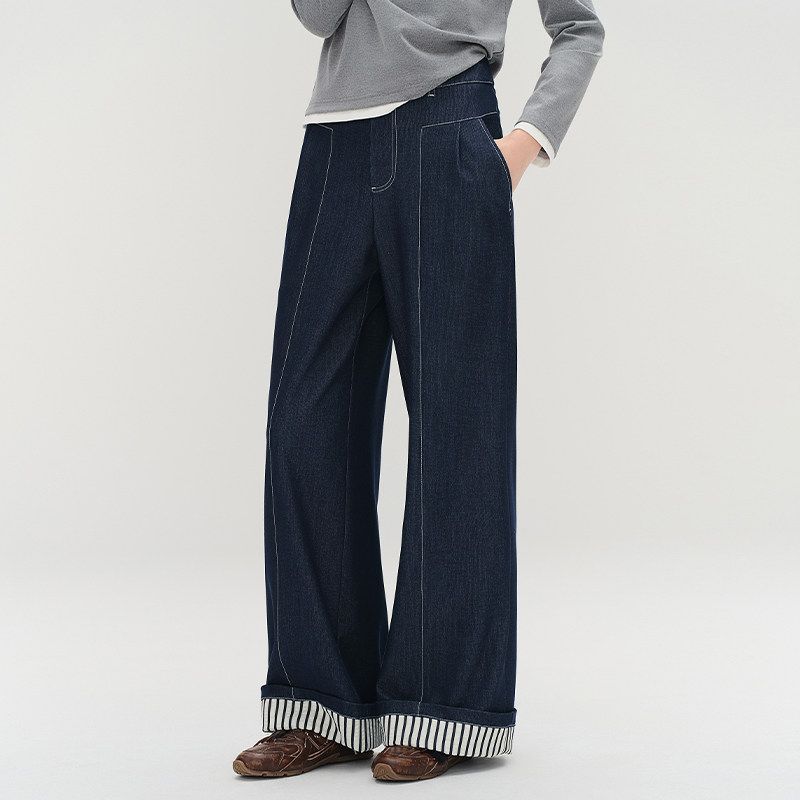 

Plus-Size Women s Clothing [Cuffed Stripes] Retro Faux Denim Wide-Leg Pants 2026 Spring Loose Jeans Indigo-Blue Jeans uk6
