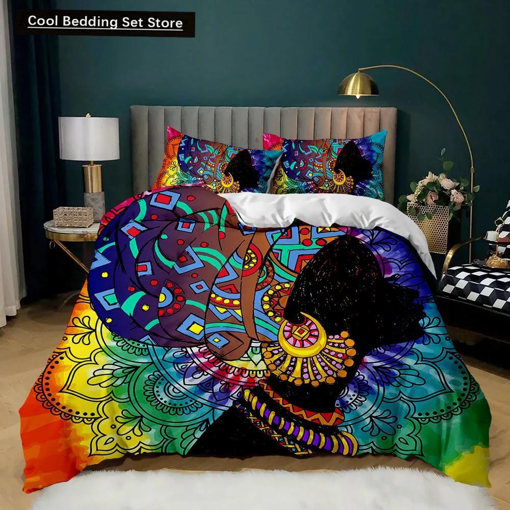 African Woman Duvet Cover Set African Stripe Twin Bedding Set Ethnic Afro Traditional Exotic Queen King Polyester Qulit Cover