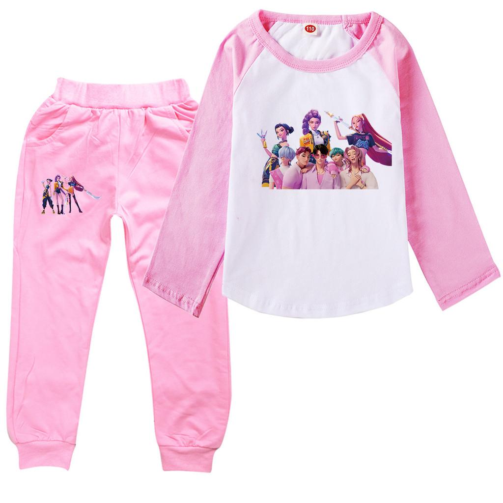 Kids Girls Anime Cartoon K-Pop Rumi Printed Casual Raglan Long Sleeves T-Shirt Pants Clothes Set