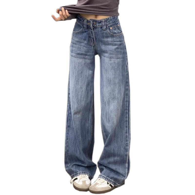 Rear Pockets Designed Big Size Denim Jeans Women Mid Waisted Covering Flesh Blue Loose Drag Floor Straight Wide-leg Trousers Long Denim Pants