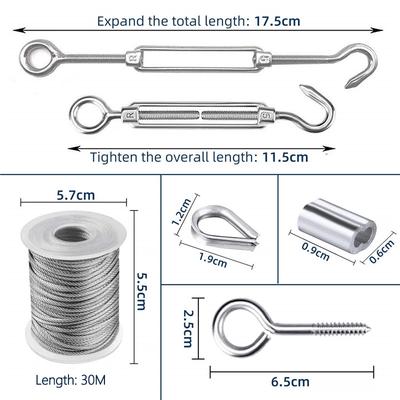 30M Edelstahl-Drahtseil-Kits Drahtseil-Kabelhaken Aufhängende Wäscheleine Außenbereich Garten Balkon Seilgeländer Spanner Set