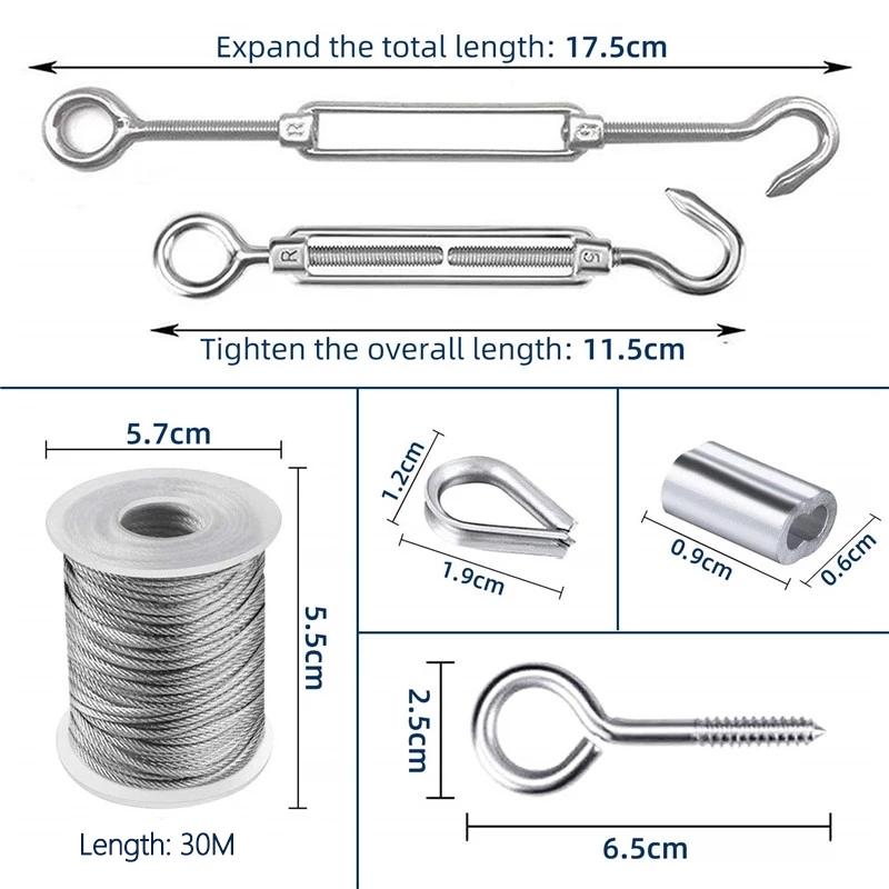 30M Stainless Steel Wire Rope Kits Wire Rope Cable Hooks Hanging Clothesline Outdoor Garden Balcony Cable Guardrail Tighter Set