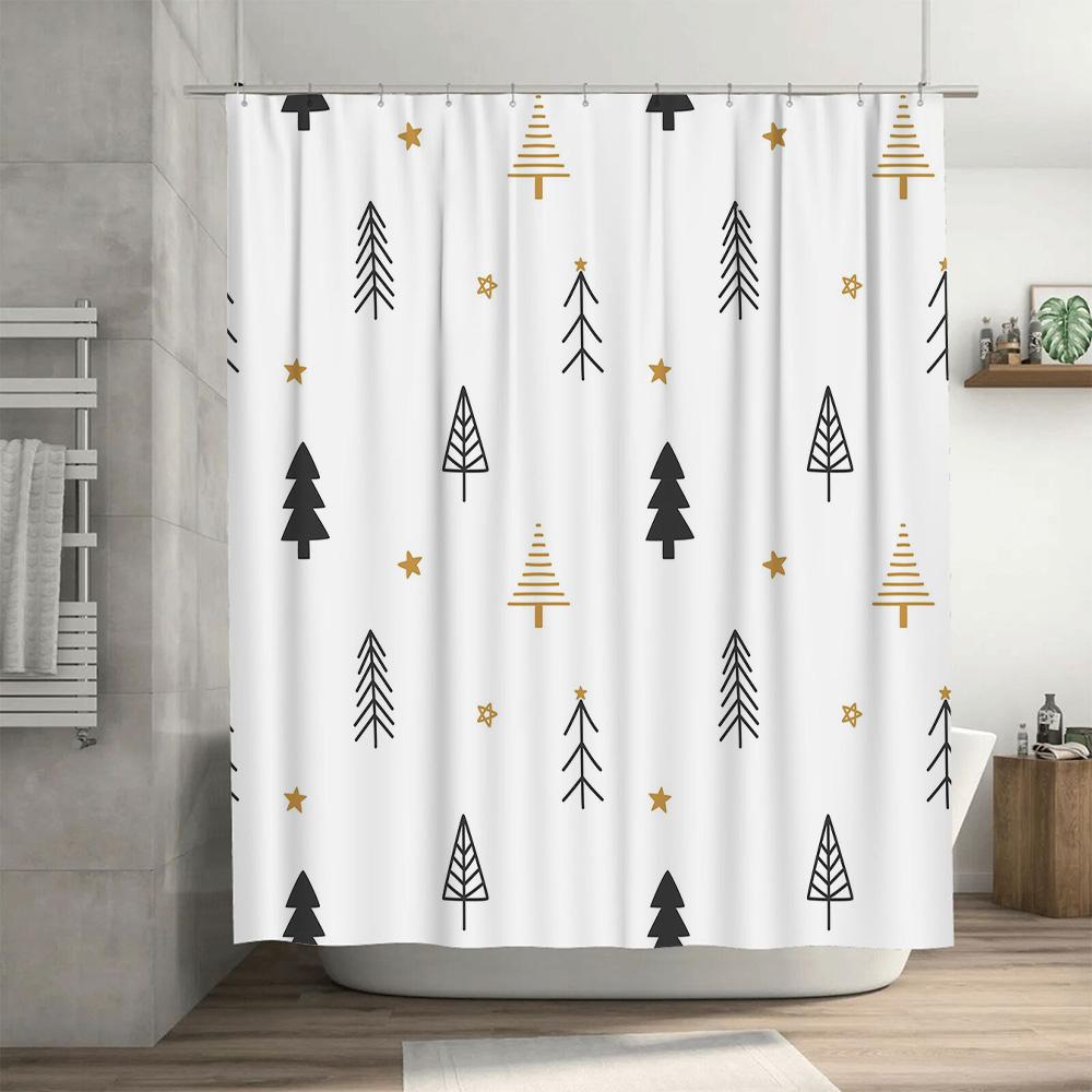 Gold Star Pine Tree Shower Curtain Christmas Bathroom Decor for Home Decoration Waterproof 180 x 240cm White
