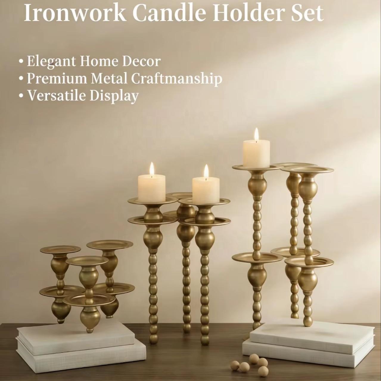 Wholesale Gold Iron Beaded Candle Holder Stand Pillar Taper Wedding Christmas Event Centerpiece Modern Candlestick Decoration (Gold,Standard)