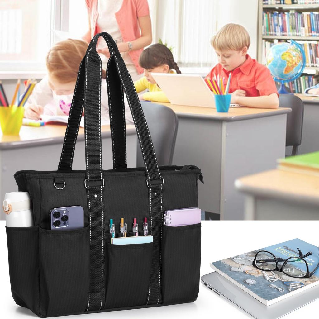 Tote Business Large Many A4 Document Includes Pen Holder and Sleeve for Inch Commuting to Business Black [Damero] Teacher's Bag, Bag, Capacity,