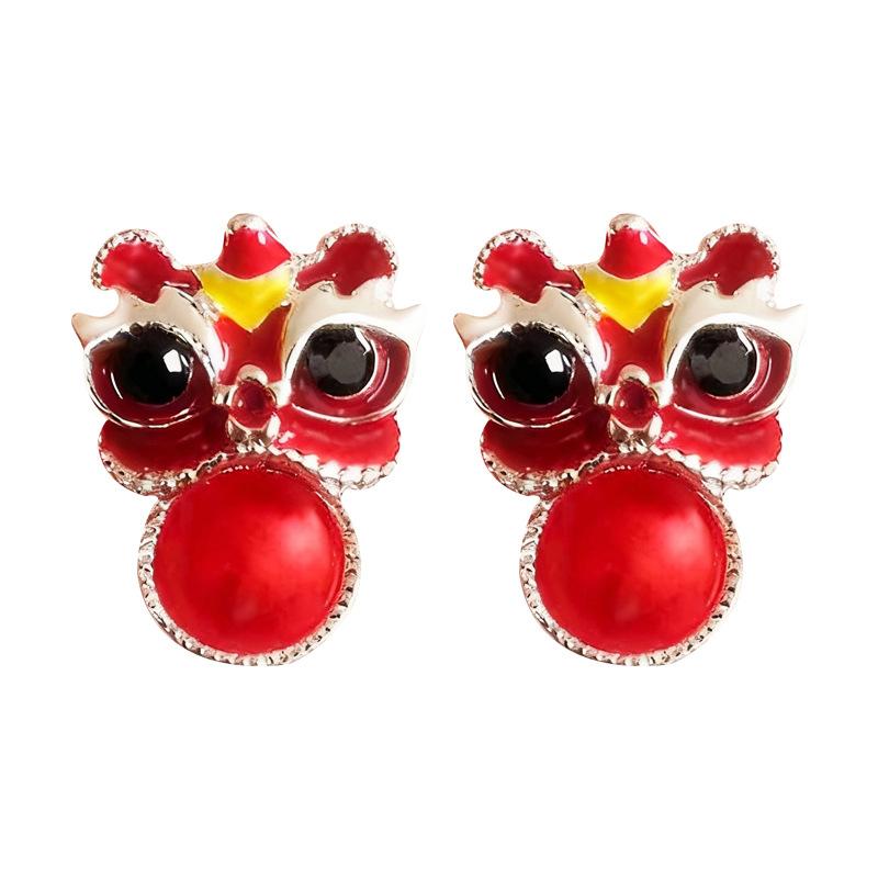 New autumn and winter wind lion dance stud earrings suitable for Chinese New Year earrings Spring Festival red New Year earrings women