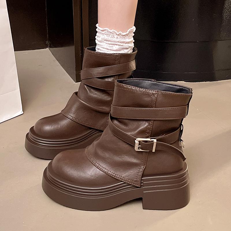 Knöchelhohe Stiefel für Damen mit mittleren Absätzen Designerschuhe Schnalle Trend Winterstiefel Neu Walking-Plateau Leder Sport Mujer Botas