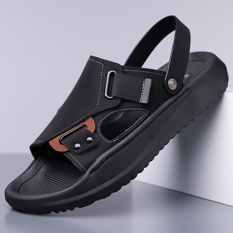 Fashion New Summer Anti-slip Wear-resistant Dual-purpose Beach Shoes for Men Solid Color Fashion Casual Solid Color Leather Sandals Man
