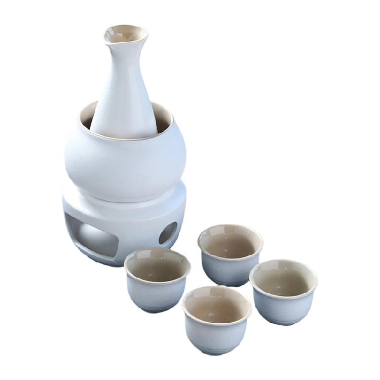Japanese Drinking Set Contains Heat Resistant Sake Carafe Bottle 4 Cups Warmer Candle Stove Birthday Housewarmings Gift
