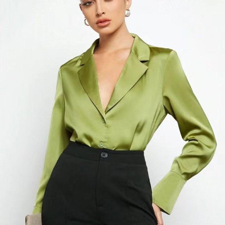 

Рубашка из искусственного атласа из шелка для весны и лета, новая женская одежда, простая рубашка с длинными рукавами XL светло-зеленый