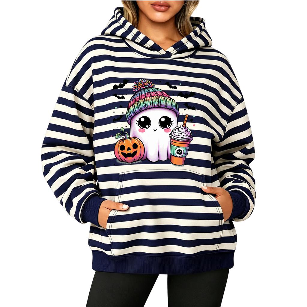 Women's Fashion Striped Print Long Sleeve Pullover Hoodie with Pockets for Halloween