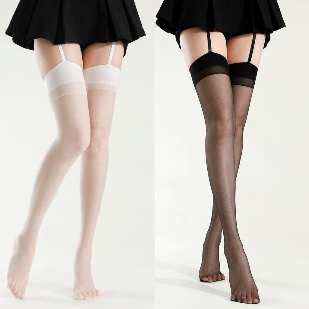 Sexy Black Silk Sheer Over-the-Knee Socks with Wide-Edge Suspenders