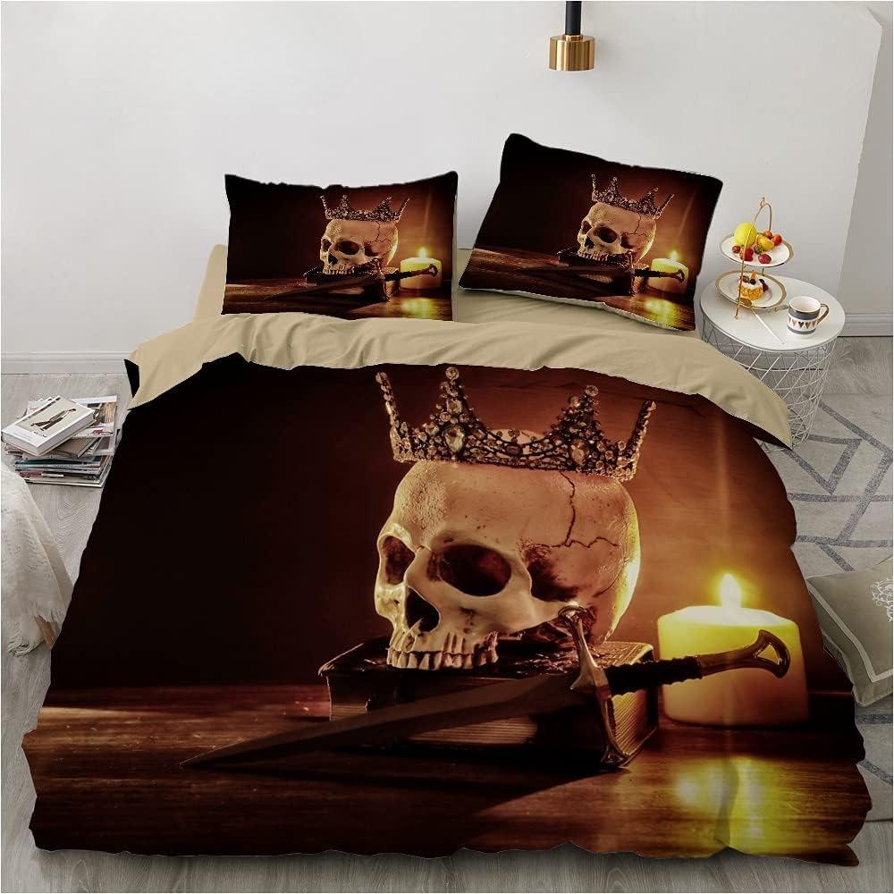 3D printed Gothic skull rose microfiber duvet cover soft and comfortable 3-piece bedding set with zipper and 2 pillowcases