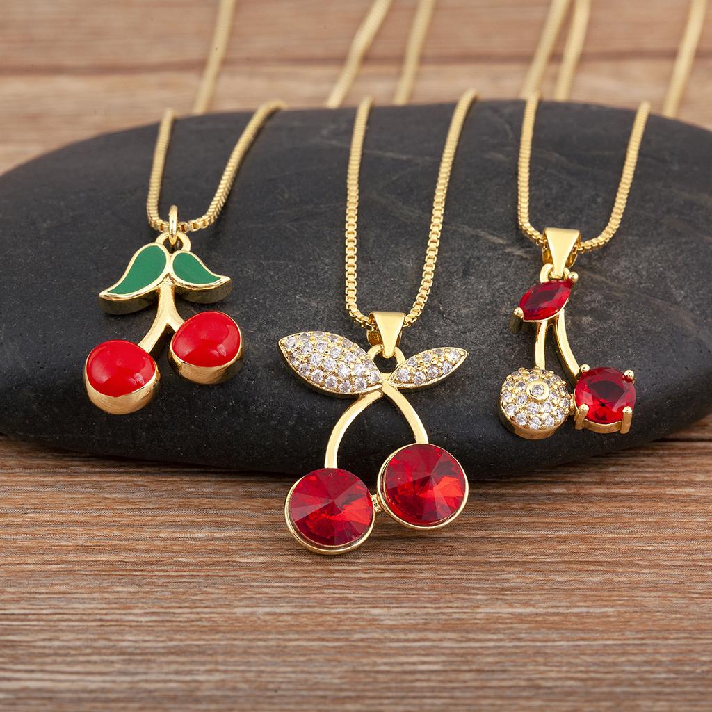 Nidin High Quality Apple/Grape/Cherry Sparkling Zircon Pendant Necklace For Women Men Fashion Cute Chain Link Jewelry Party Gift