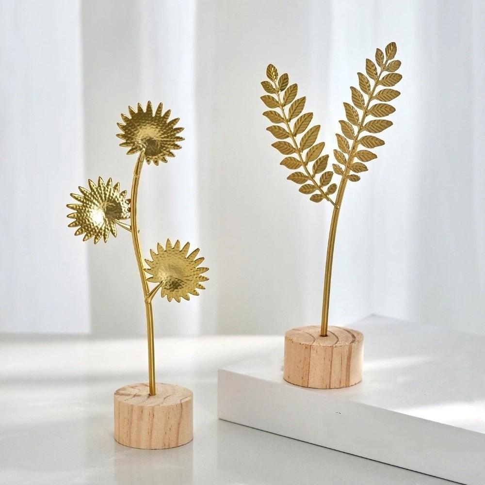Wood Base Miniature Figurines Metal Art Ginkgo Leaf Ornament Desktop Ornaments  Home Decoration