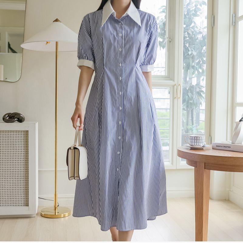 

Summer K-style Plus Size Fat Sister White Patchwork Stripes Polo Collar Single-Breasted Silm Pocket Short-Sleeved Shirt Dress Blue XL