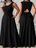 Summer New Elegant Slim Fit Crew Neck Back Tie Side Pocket Solid Color Plus Size Women's Dress