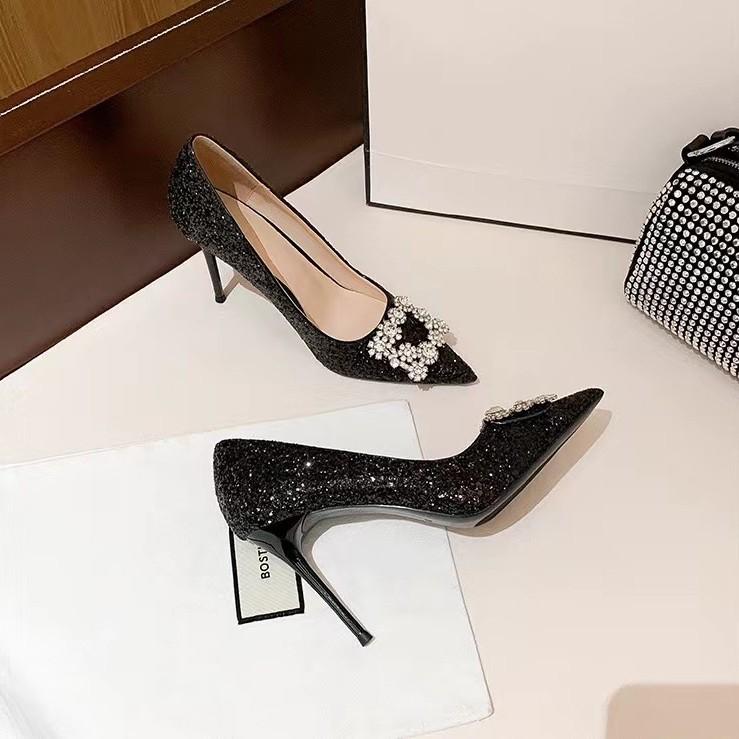 Spring new sequins sexy thin heel rhinestone square buckle dinner single shoes women's pointed head light mouth black high heels