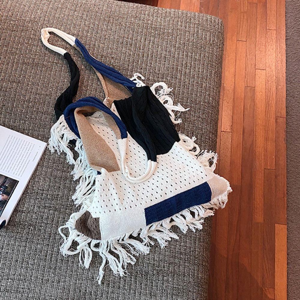 Soft Knitted Tassel Shoulder Bag Patchwork Commuting Tote Bag Trendy Boho Style Handbag Outdoor