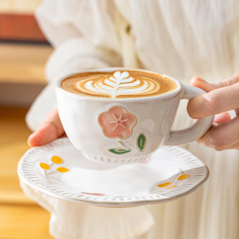 European-Style Ceramic Hand-Painted Relief Underglaze Coffee Cup And Saucer Set, Household Large-Capacity Teacup, Office Drinking Cup