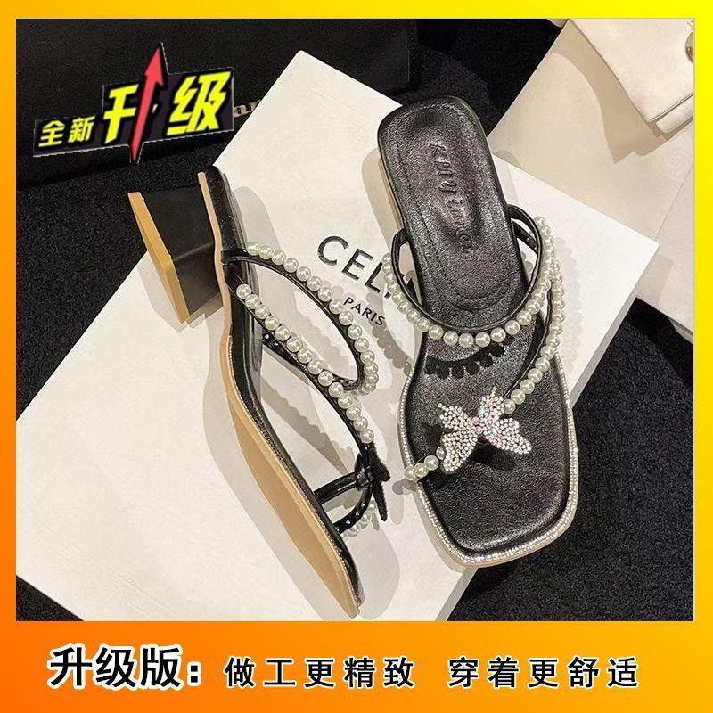 Rhinestone Bow French Fairy Wind 2025 Summer New Mezzanine High Heel Sandals Women's Retro Thick Heel Cold Slippers