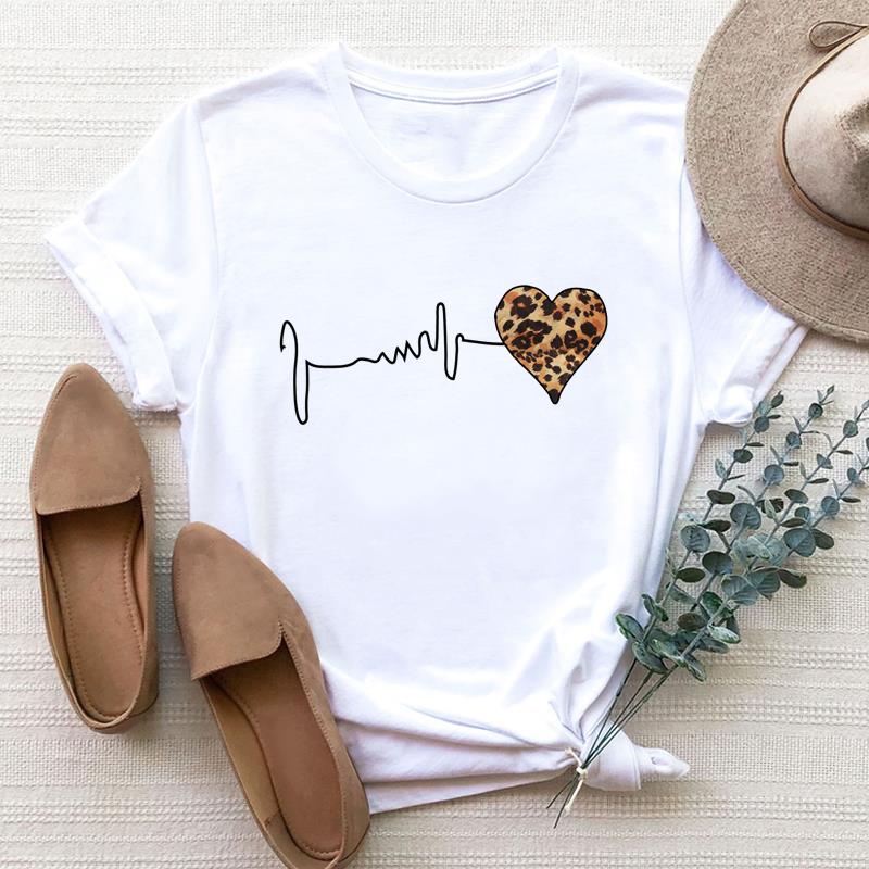 European size Women Leopard Love Heart Trend Cute 90s Clothing Print Tee Top Fashion T Shirt Woman Female Short Sleeve Graphic T-shirts