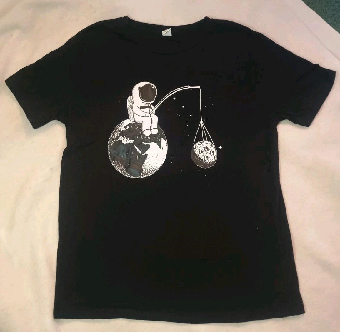 

Astronaut Fishing Moon Graphic T-Shirt Black Space Tee Adult Size [ADD SIZE] 4XL
