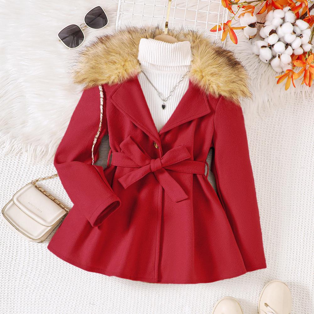 Dětské oblečení Nové produkty pro velké děti a dívky Zimní vlněný límec Velké klopy Vlněný jednobarevný kabát