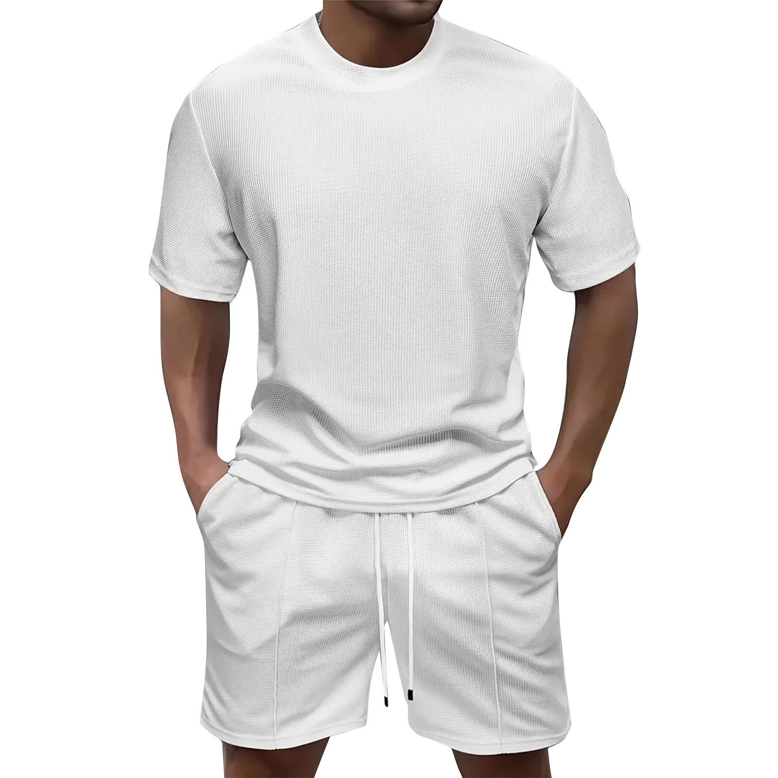 

Мужской комплект большого размера свободного кроя с короткими рукавами и шортами, однотонный повседневный комплект с рубашкой с короткими рукавами и шортами XL белый
