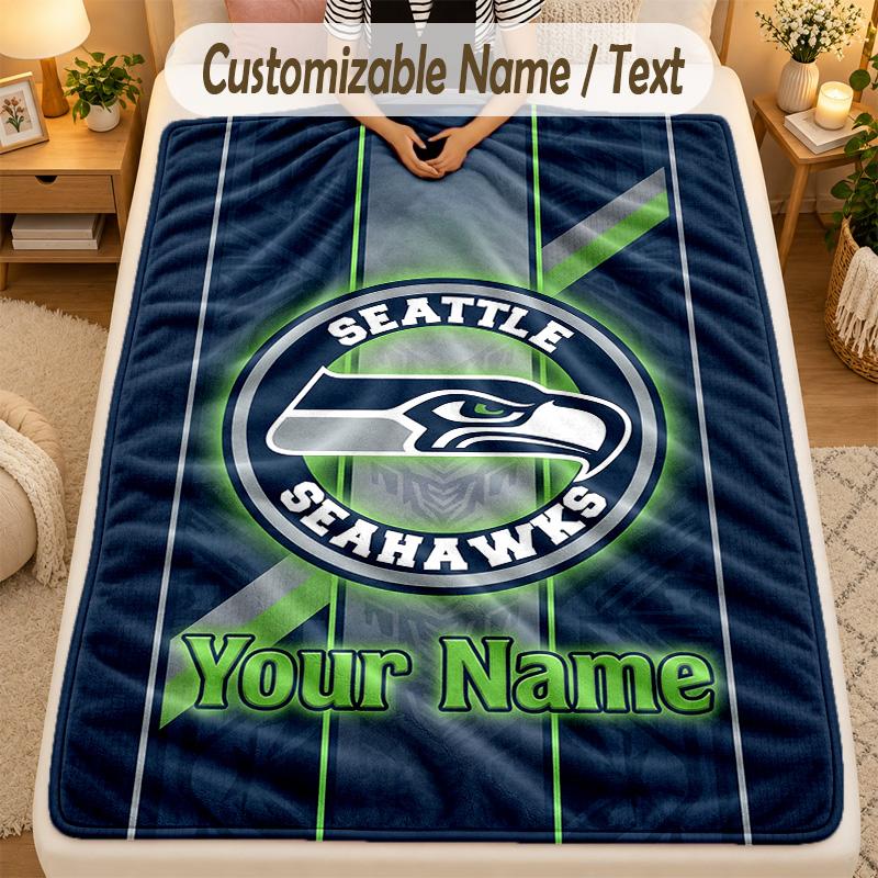 Flannel BlanketSeattle Seahawks Custom Name Text Personalized Soft Warm Throw Blanket Home Decor Gift
