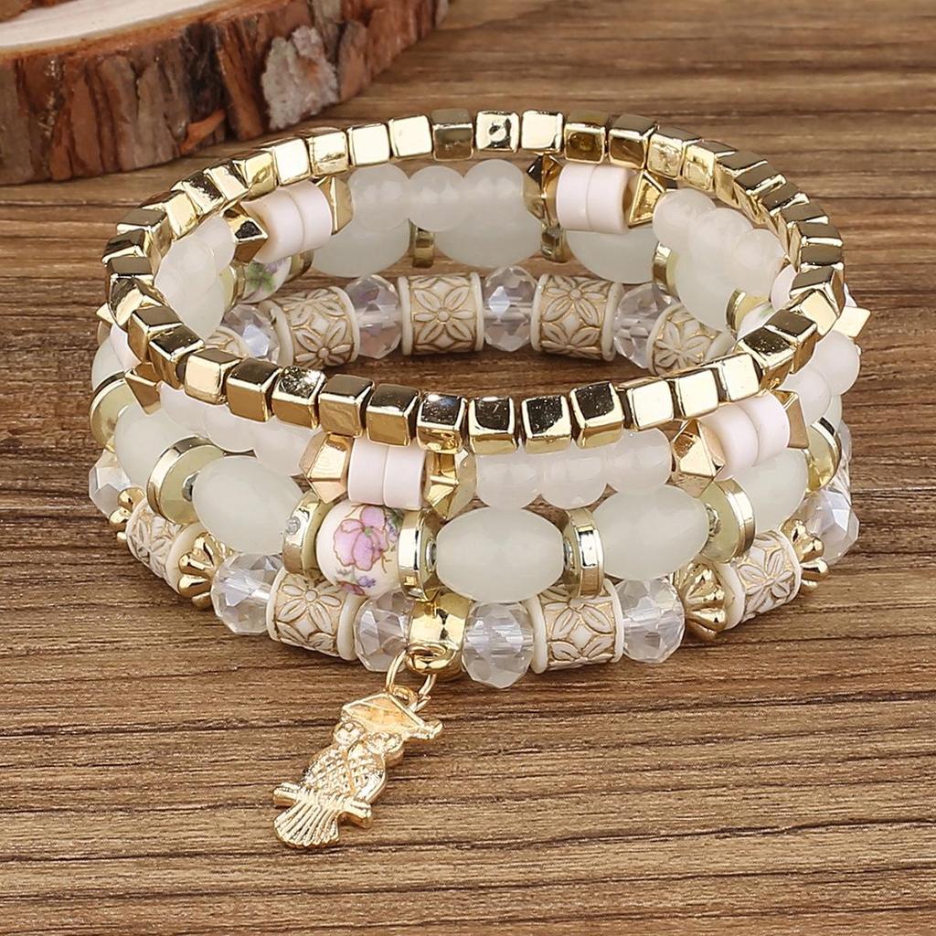 Bohemian Multi-Layer Beaded Bracelet with Owl Pendant