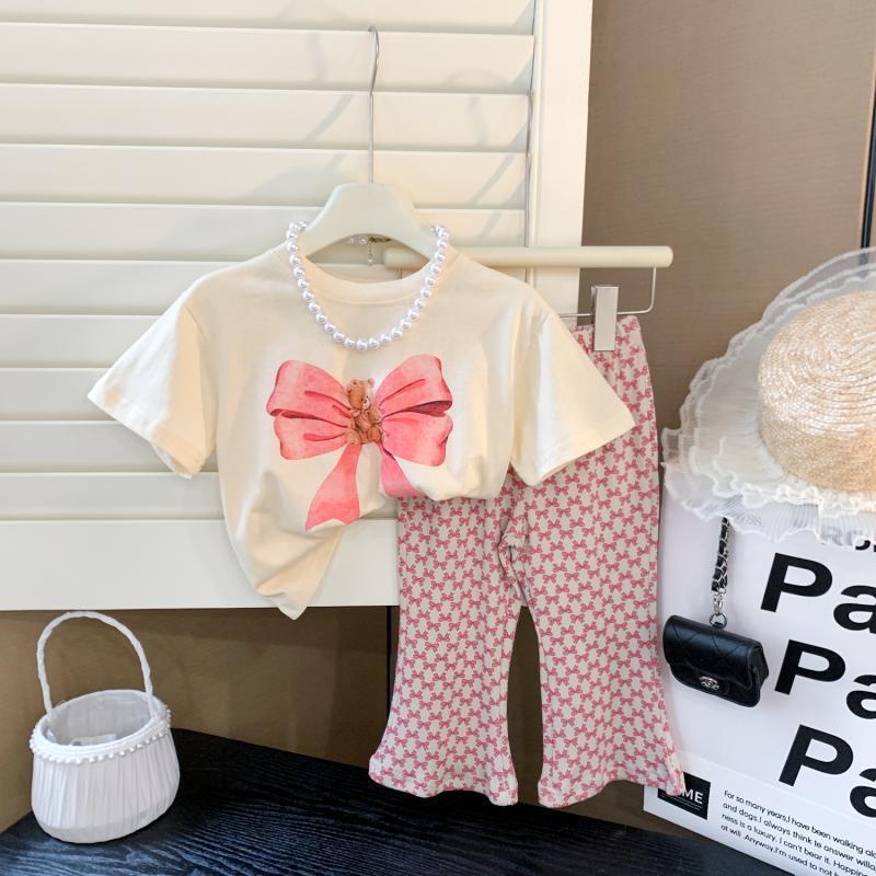 2024 Girls' Summer Bear Butterfly T-Shirt & Flared Pants Set