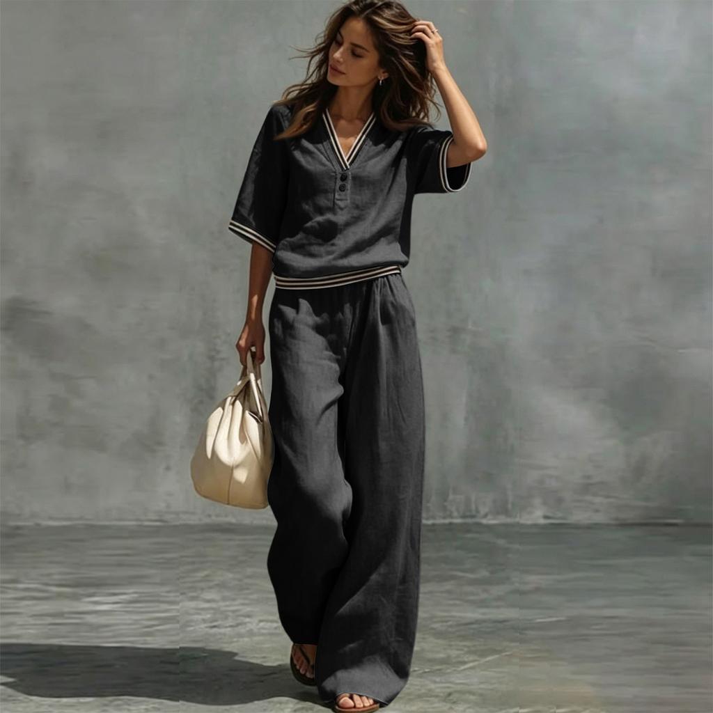Damen Freizeit Zweiteiler V-Ausschnitt Kurzarm Top und Weite Hosen Lounge Outfit Leichter Bequemer Stoff Stilvolles Design
