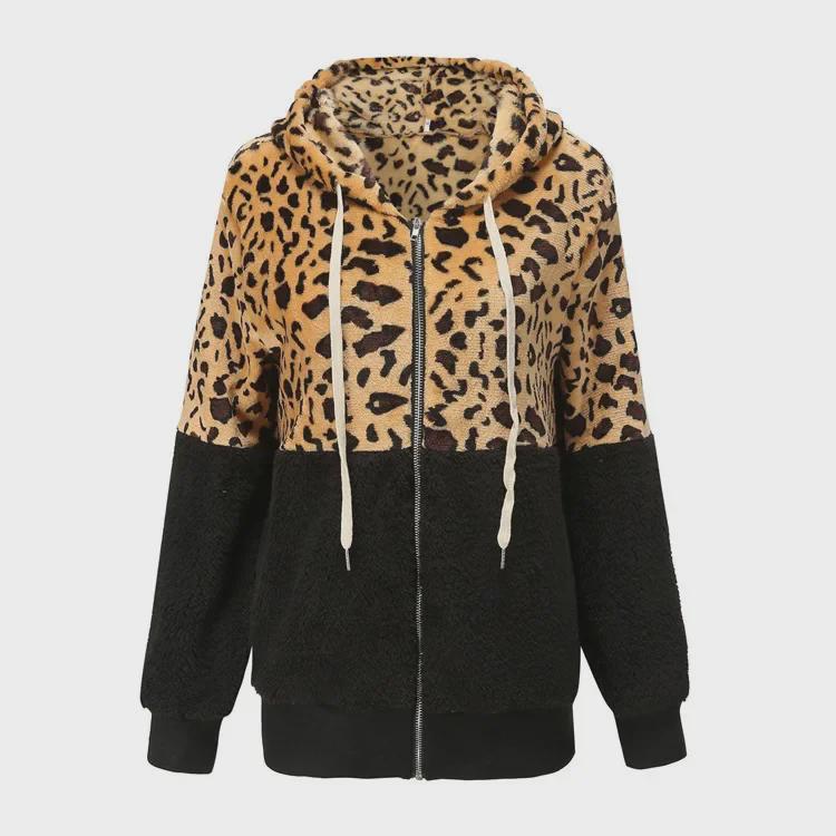 Damen Leopard Print Gespleißter Flauschiger Kapuzenpullover - Winter 2021 Kollektion