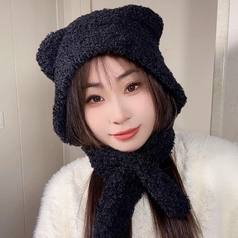 

Шарф-шапка в виде медведя Цельный Двухкомпонентный Вязаная шерстяная шапка для женщин Осенью и зимой Теплая Защита ушей Шапка Лей Фэна Тренд M（56-58cm）