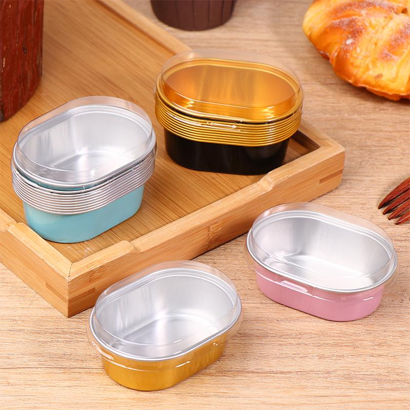 10Pcs Aluminum Foil Cupcake Cups With Lids Non-Stick Foil Baking Cups 68Ml Oval Pudding Dessert Cups Wedding Party Supplies