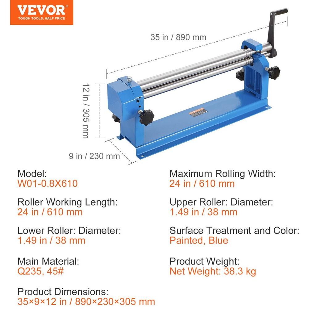Slip Roll Machine, 610 mm Forming Width, Sheet Metal Slip Roller Rolling Bending Machine, with 2 Detachable Rollers for Low Carbon Steel Copper Sheet