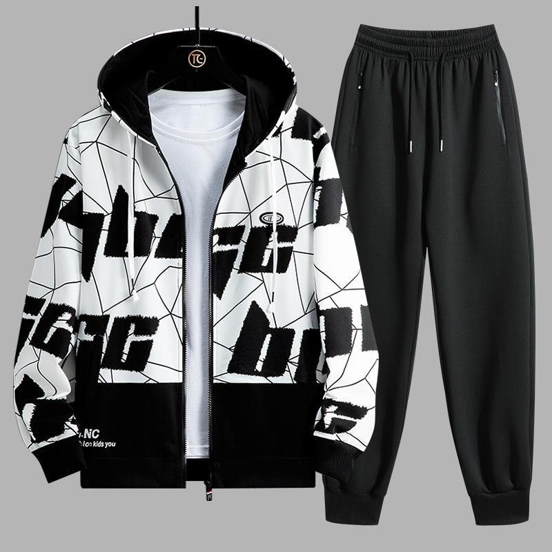 

Весенне-осенний комплект Мужской свободный кардиган с длинными рукавами Универсальный комплект из двух предметов XXL черный белый