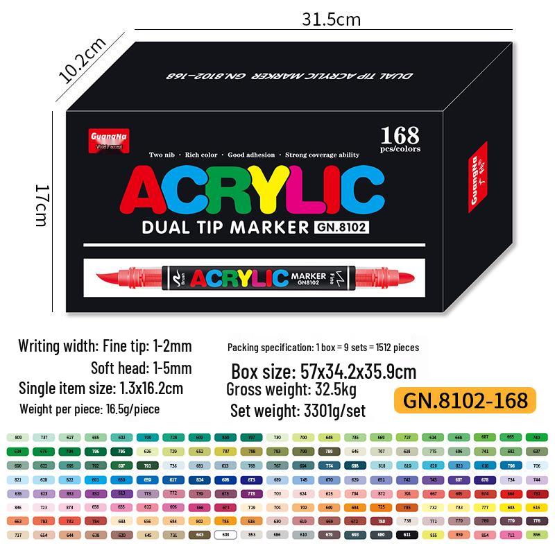 Breite Kollektion 8102 Acryl Doppelspitz-Marker-Set - 168 Farben für DIY-Kunst, Malerei und Graffiti, Stapelbare Pinselstifte