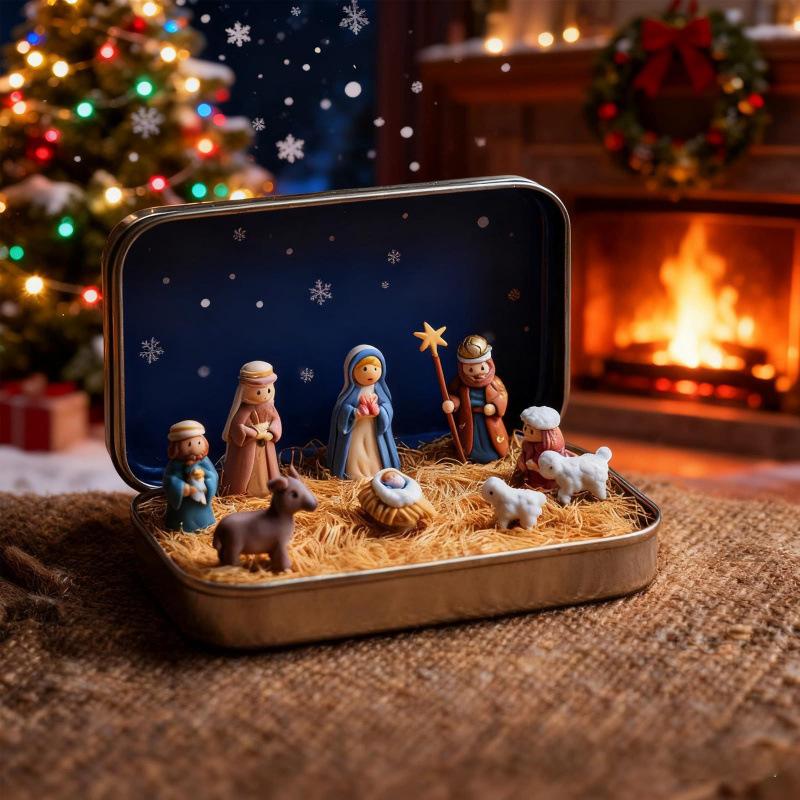 Mini Christmas Nativity Set in Tin Box, Mini Christmas Trough Set