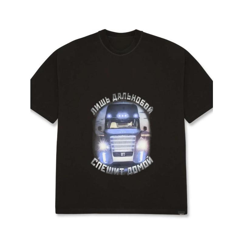 White T-Shirt Men Casual Oversized Graphic Print Truck Design Russian Text Streetwear Fashion Summer Top
