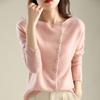 Knitting Tops Women Long Sleeve Round Neck Casual Home Style Top Solid Color Single-Breasted Fitted Stretchy Tee Daily Wear