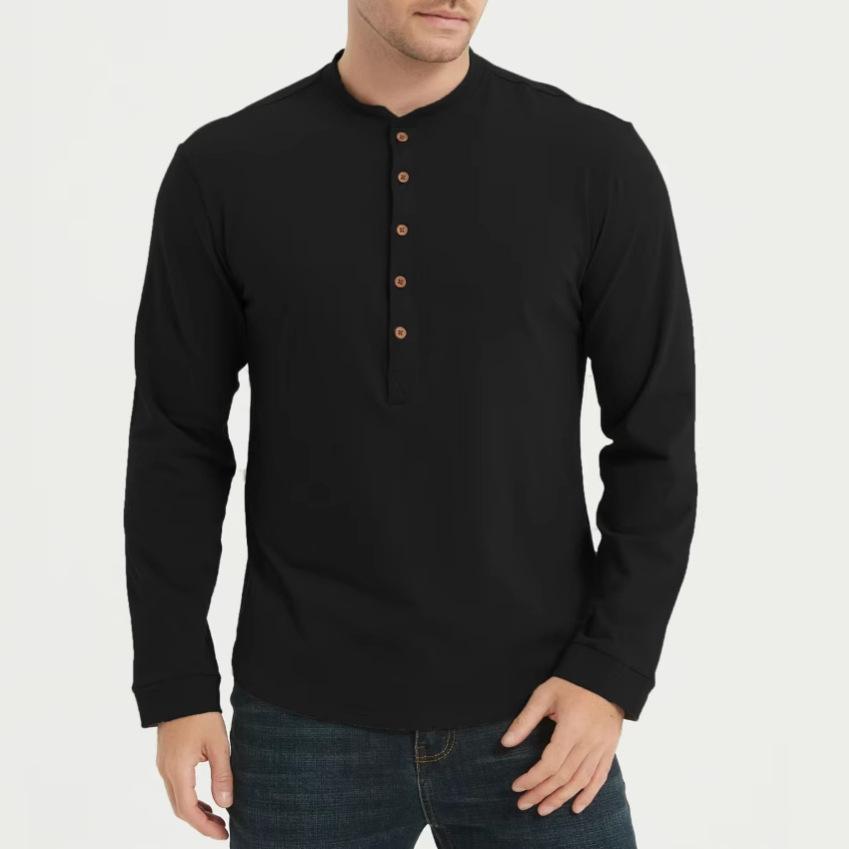 

Men s plain button-down henley T-shirt; casual plain long-sleeved men s top with antibacterial properties S чёрный