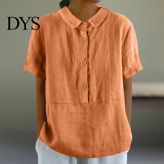 Women Shirt Casual Doll Collar Buttons Half Placket Short Blouse Sleeve Single Breasted Solid Color Loose Fit