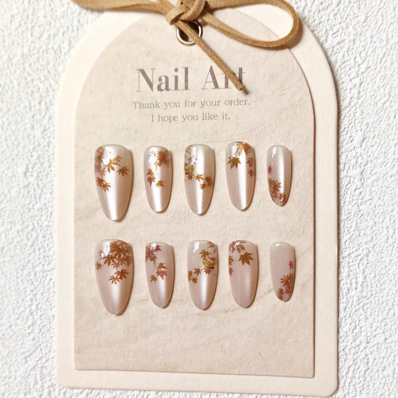 30-Piece Autumn/Winter Maple Leaf Cat Eye Press-On Nails - High-Quality Brown Nail Art Tips