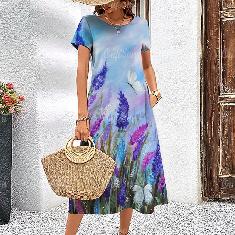 Women's Dresses Elegant Floral Printed Summer Vacation Midi Dresses Feamle Short Sleeve Dress Fashion Oversized Clothes